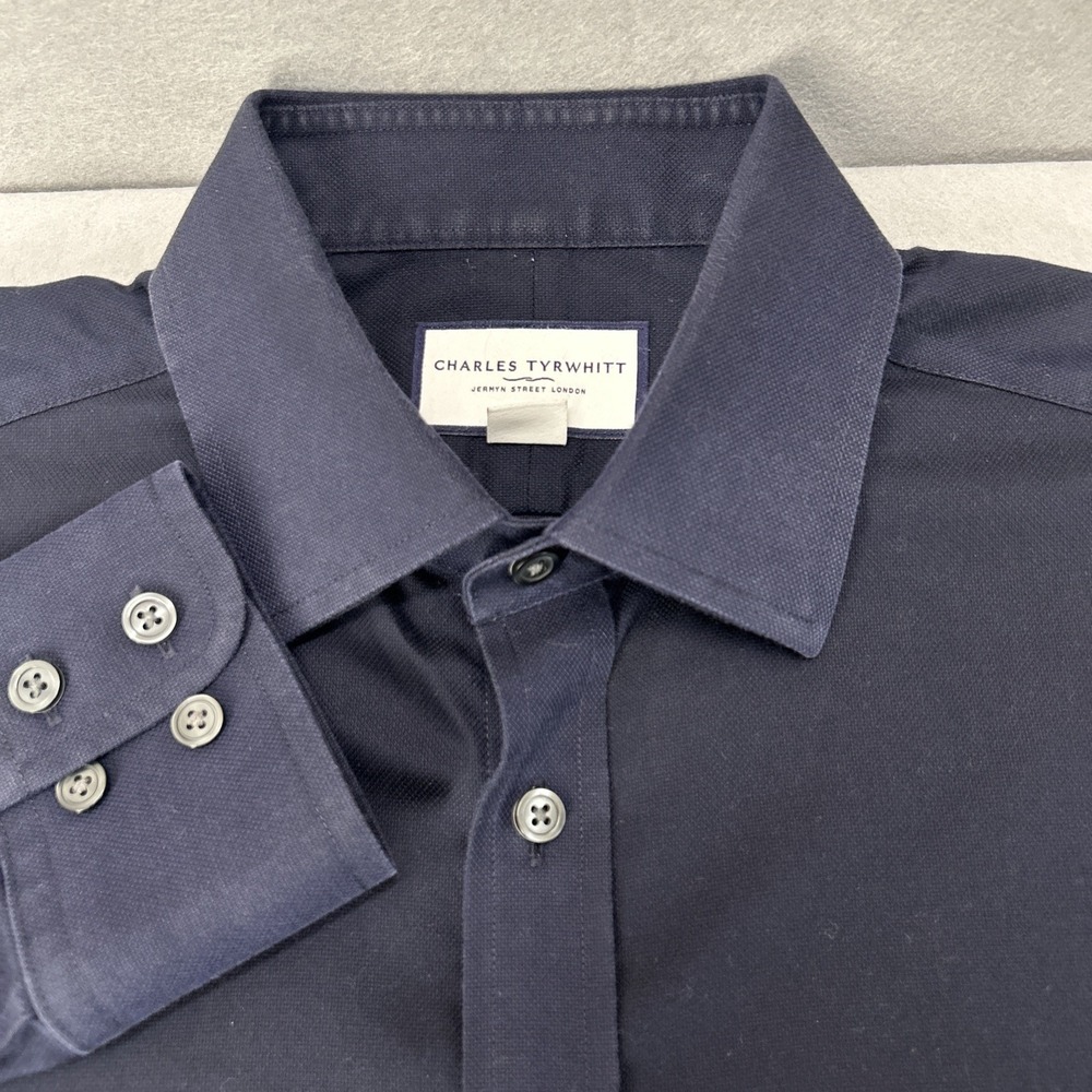 Charles Tyrwhitt Button-Up Shirt Men Size 16 Navy Blue Slim Fit Non-Iron Oxford